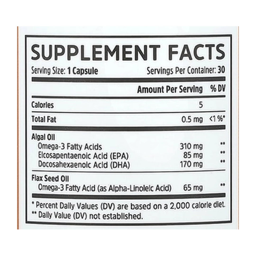 Zhou Nutrition, Plant-Based Omegas, 30 Capsules supplement facts label showing ingredients, vitamins, minerals, and serving information