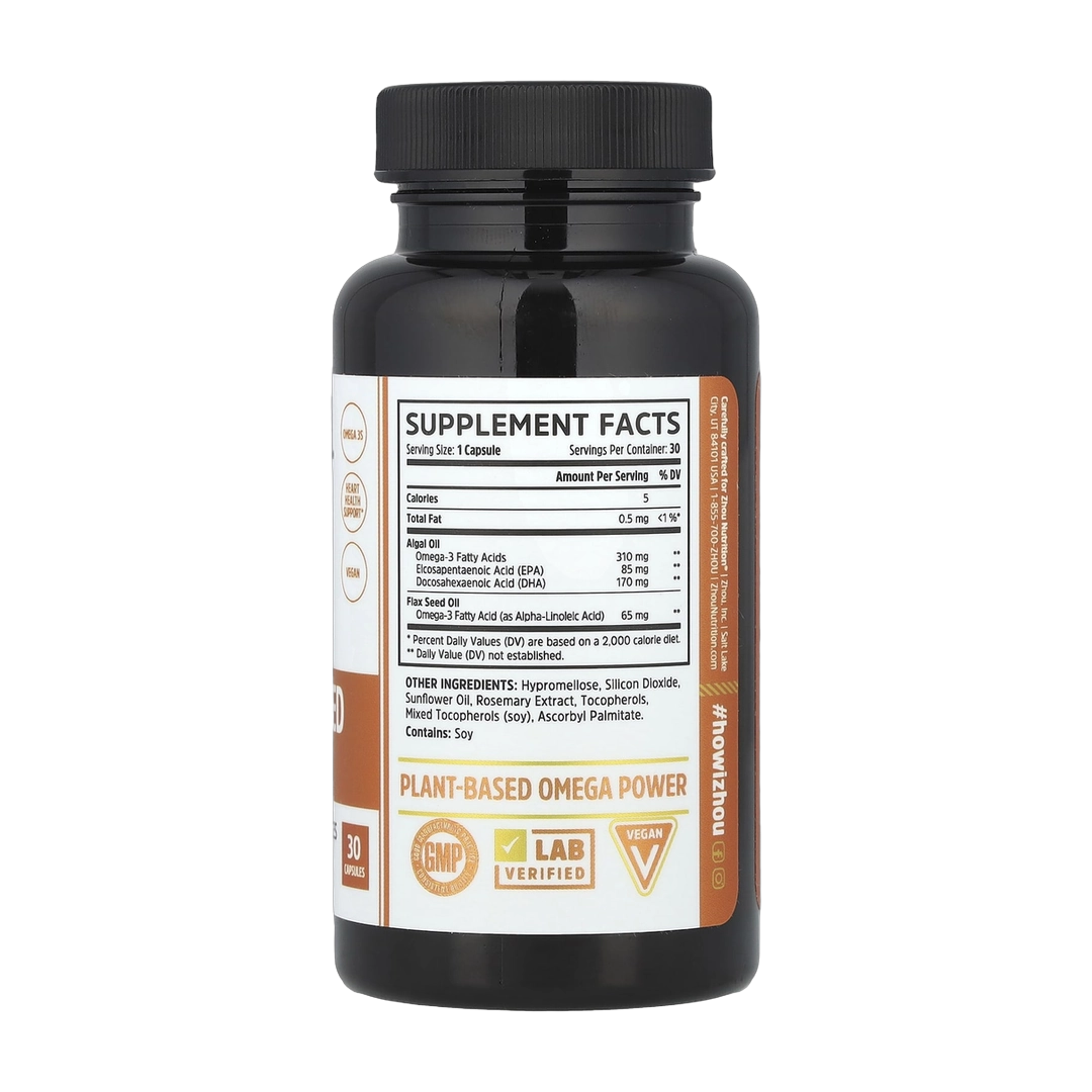 Zhou Nutrition, Plant-Based Omegas, 30 Capsules back packaging view