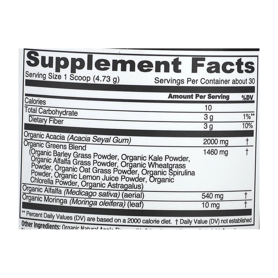 Zhou Nutrition, Organic Daily Greens, Green Apple, 5 oz (141.9 g) supplement facts label showing ingredients, vitamins, minerals, and serving information