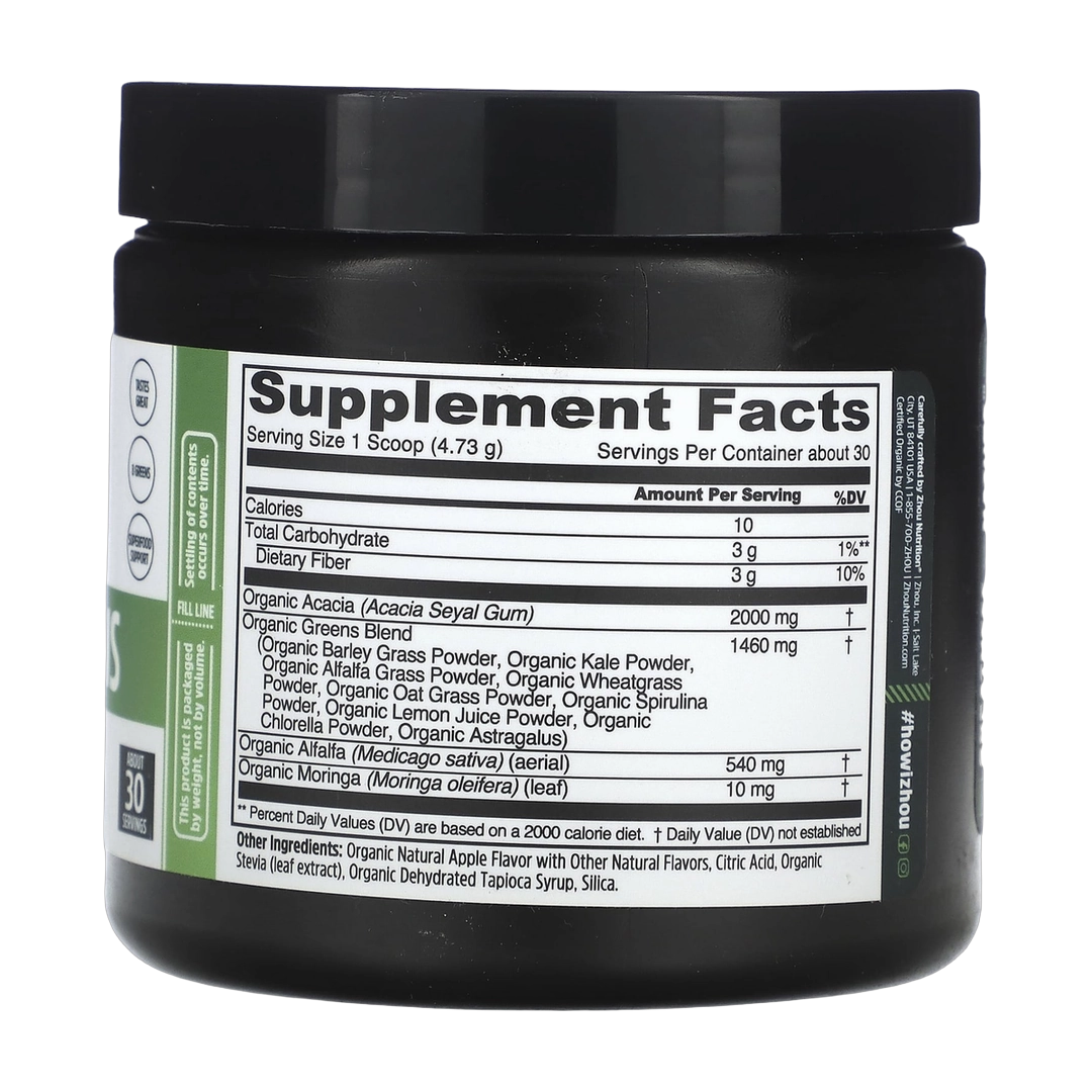 Zhou Nutrition, Organic Daily Greens, Green Apple, 5 oz (141.9 g) back packaging view