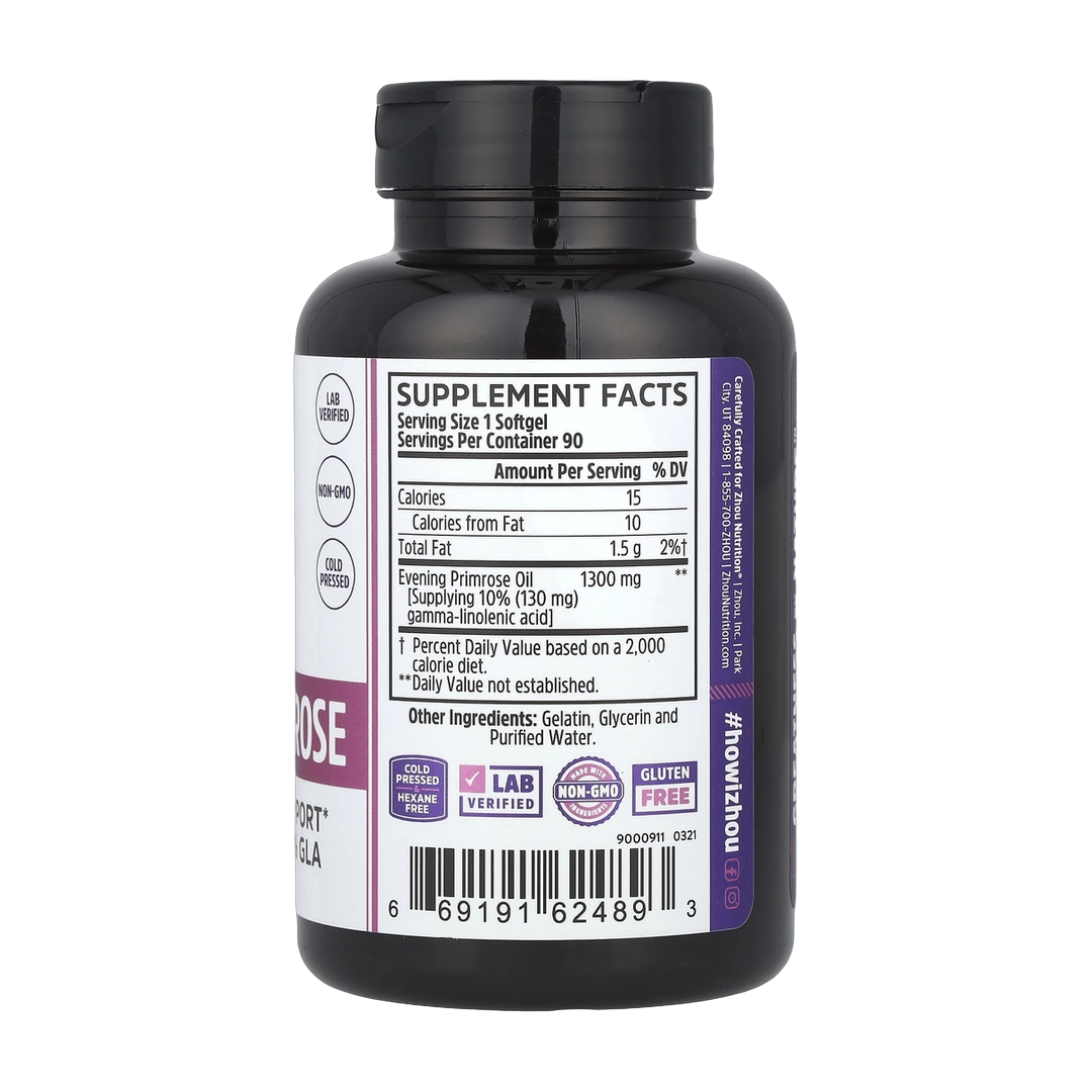 Zhou Nutrition, Evening Primrose, 90 Softgels back packaging view