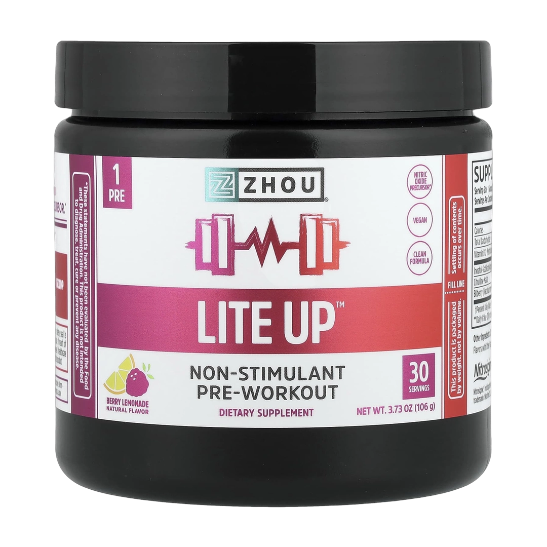 Zhou Nutrition, Lite Up, Non-Stimulant Pre-Workout, Berry Lemonade, 3.73 oz, 106 g front packaging view
