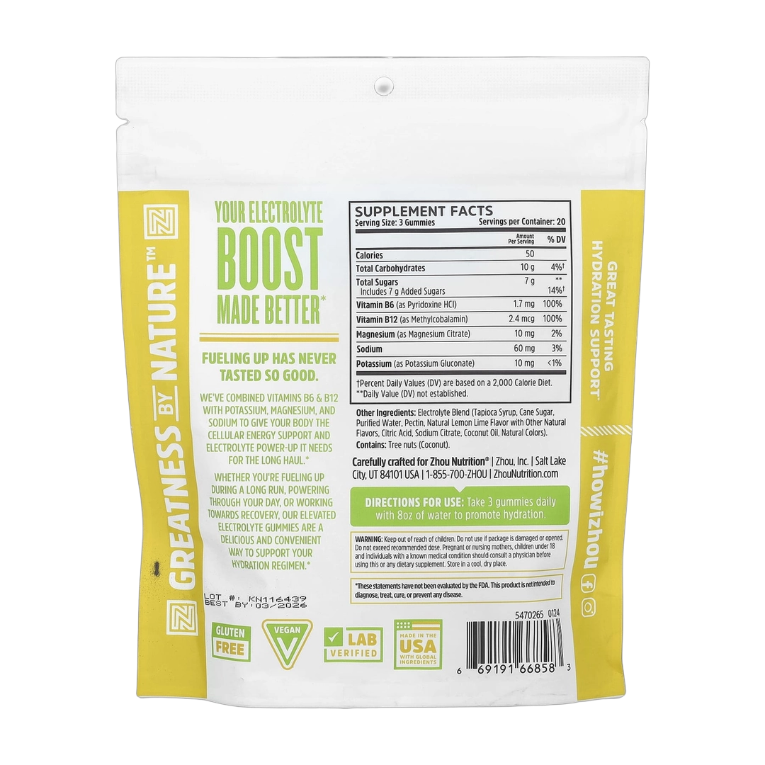 Zhou Nutrition, Hydro-Fuel Gummies, Lemon Lime, 60 Gummies back packaging view