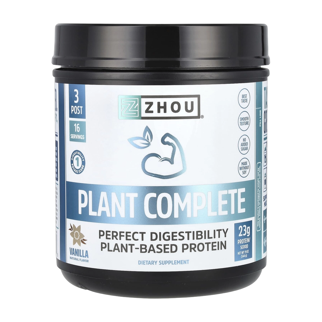 Zhou Nutrition, Plant Complete, Perfect Digestibility Plant-Based Protein, Vanilla, 19 oz (544 g) front packaging view