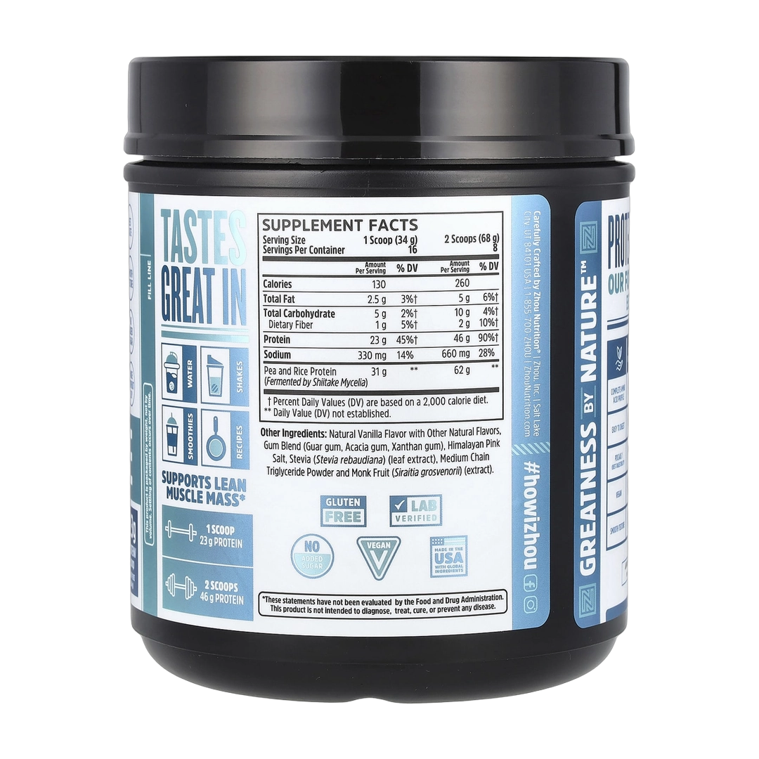 Zhou Nutrition, Plant Complete, Perfect Digestibility Plant-Based Protein, Vanilla, 19 oz (544 g) back packaging view