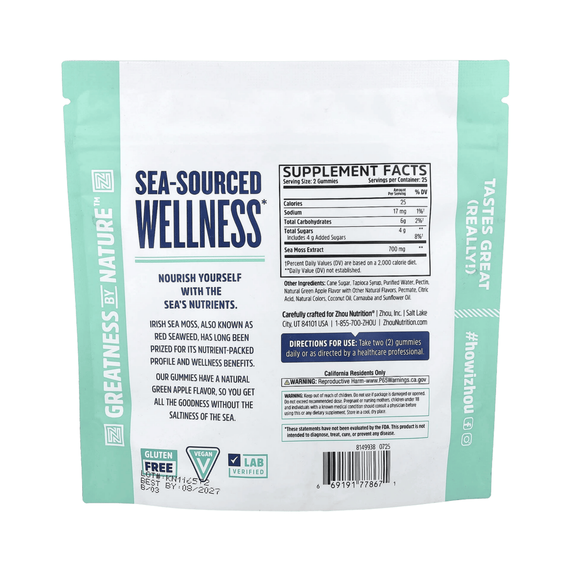 Zhou Nutrition, Irish Sea Moss Gummies, Green Apple, 50 Gummies back packaging view