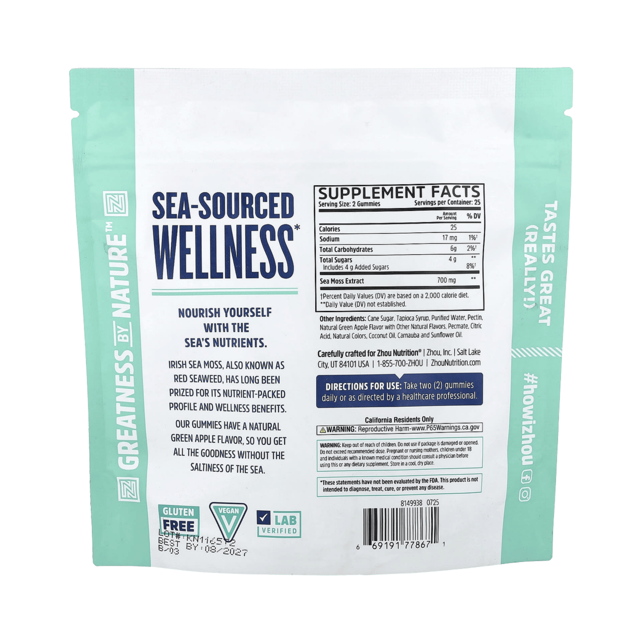 Zhou Nutrition, Irish Sea Moss Gummies, Green Apple, 50 Gummies back packaging view