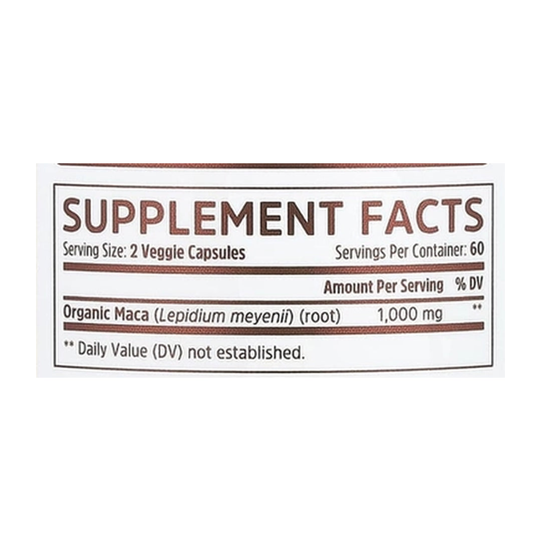 Zhou Nutrition, Maca Root, 120 Veggie Capsules (500 mg per Capsule) supplement facts label showing ingredients, vitamins, minerals, and serving information