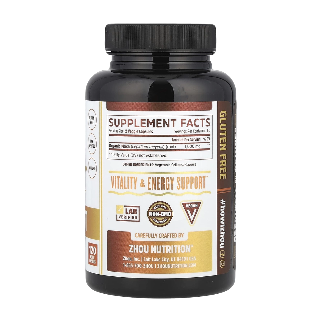 Zhou Nutrition, Maca Root, 120 Veggie Capsules (500 mg per Capsule) back packaging view