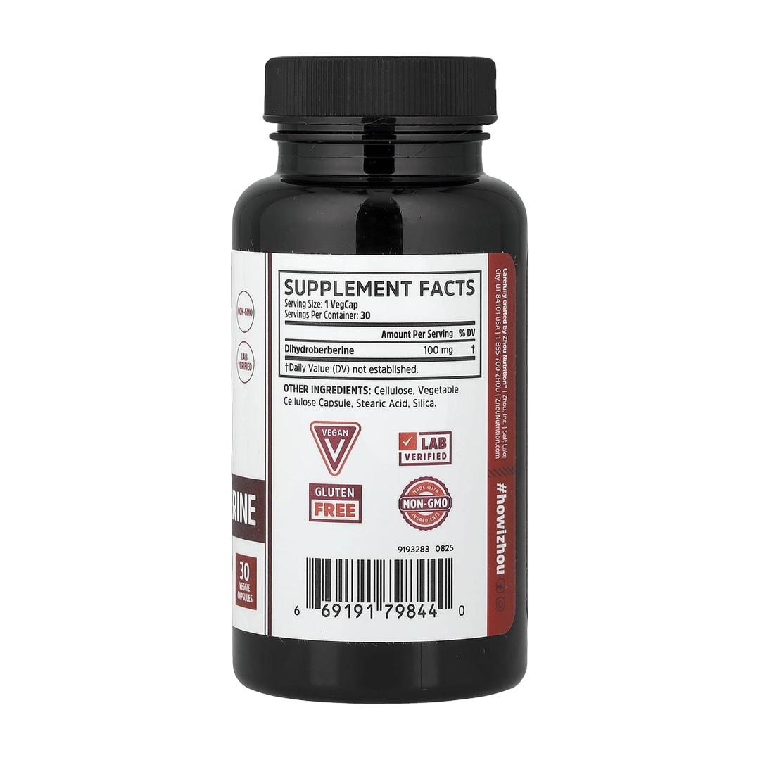 Zhou Nutrition, Dihydroberberine, 30 Veggies Capsules back packaging view