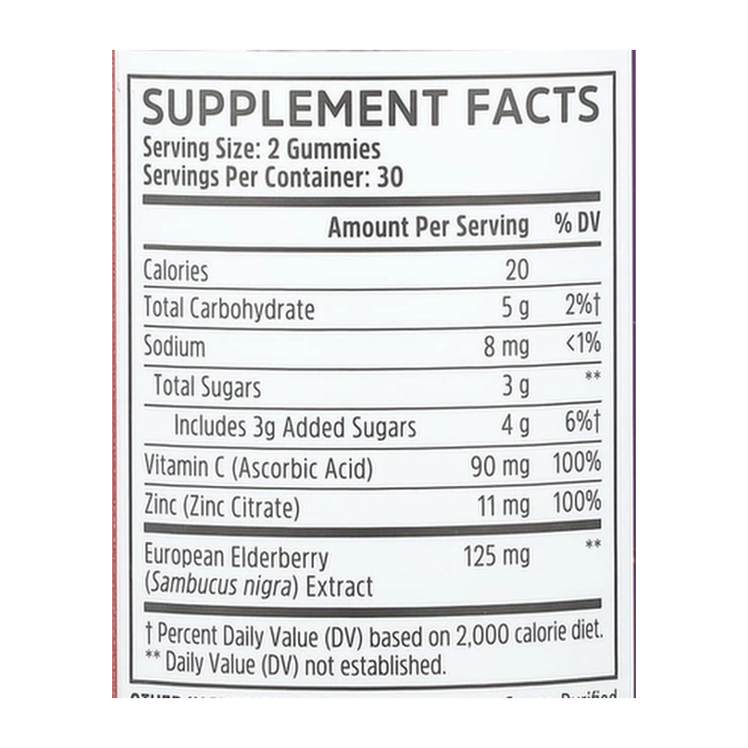 Zhou Nutrition, Elder-Mune™, Max Strength, Natural Mixed Berry, 60 Gummies supplement facts label showing ingredients, vitamins, minerals, and serving information
