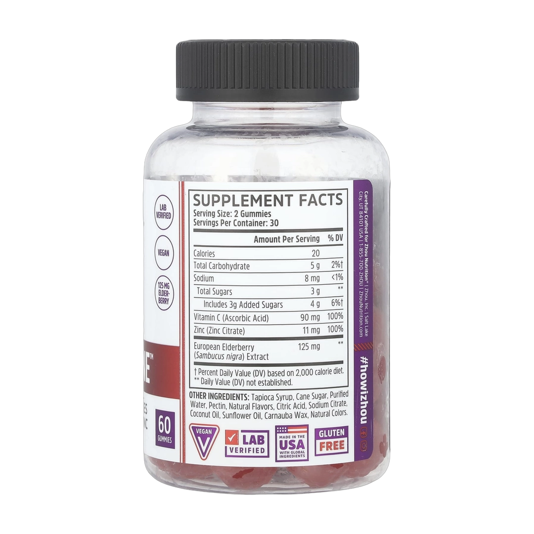Zhou Nutrition, Elder-Mune, Max Strength, Natural Mixed Berry, 60 Gummies back packaging view