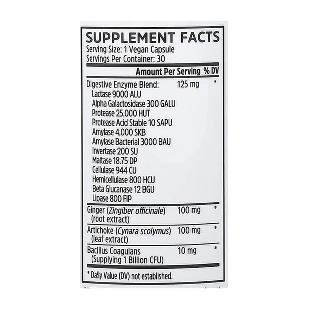 Zhou Nutrition, Bloat Blast+, 30 Vegan Capsules supplement facts label showing ingredients, vitamins, minerals, and serving information