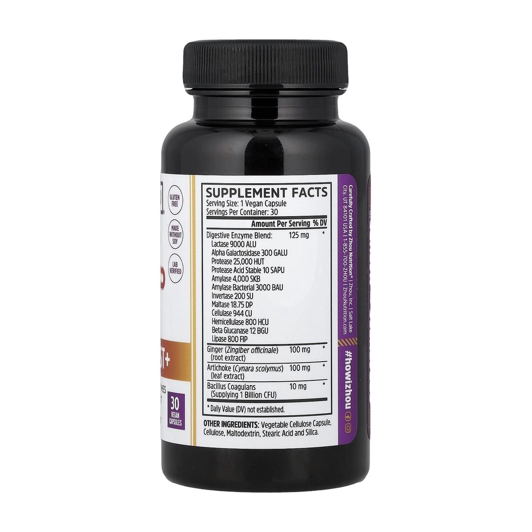 Zhou Nutrition, Bloat Blast+, 30 Vegan Capsules back packaging view