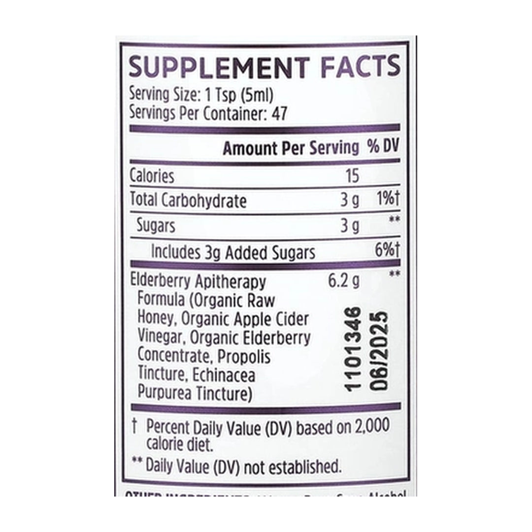 Zhou Nutrition, Elderberry Syrup, 8 fl oz (236 ml) supplement facts label showing ingredients, vitamins, minerals, and serving information