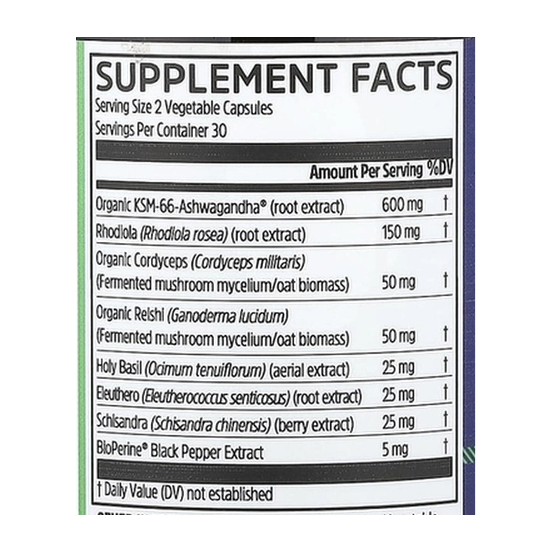 Zhou Nutrition, Ashwagandha, 60 Veggie Capsules supplement facts label showing ingredients, vitamins, minerals, and serving information