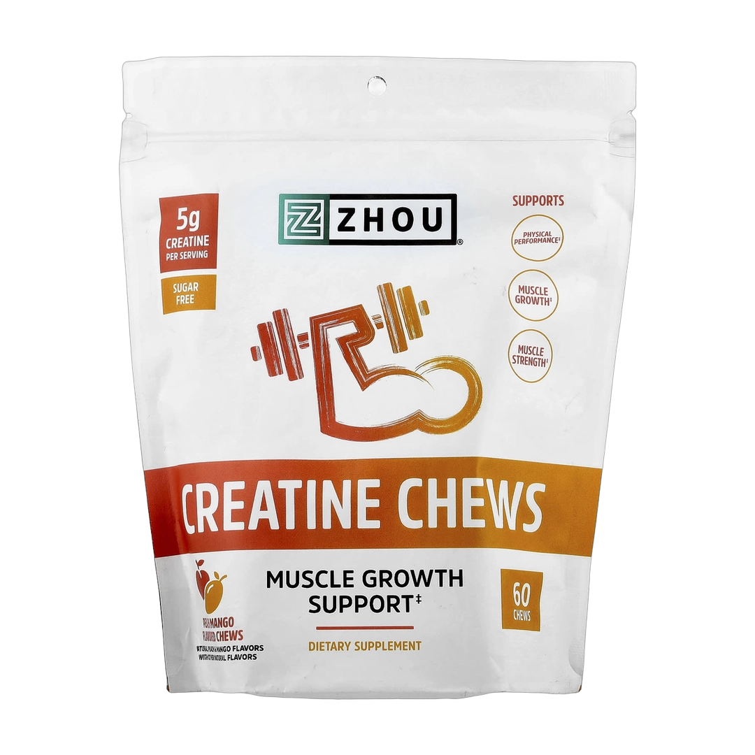 Zhou Nutrition, Creatine Chews, Peach Mango, 60 Chews front packaging view
