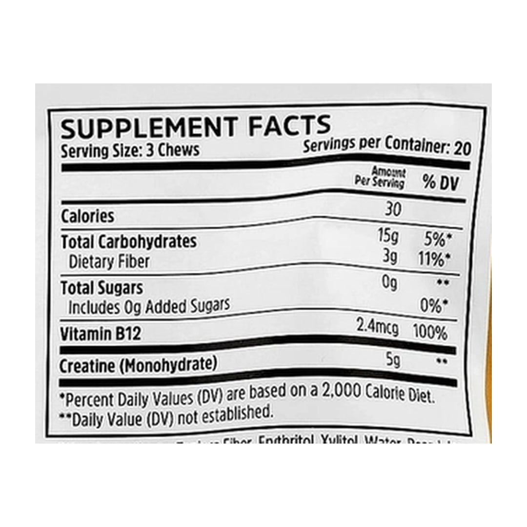 Zhou Nutrition, Creatine Chews, Peach Mango, 60 Chews supplement facts label showing ingredients, vitamins, minerals, and serving information