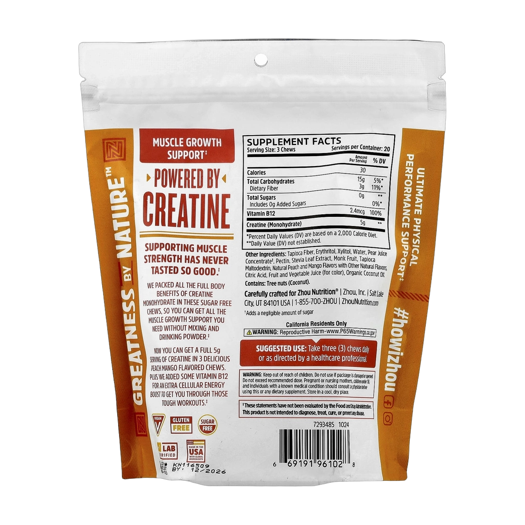 Zhou Nutrition, Creatine Chews, Peach Mango, 60 Chews back packaging view