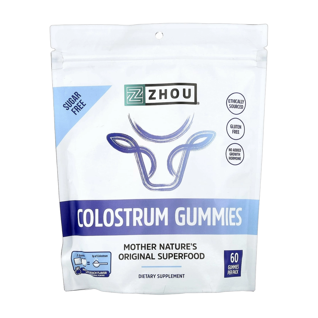 Zhou Nutrition, Colostrum Gummies, Natural Peach , 60 Gummies front packaging view