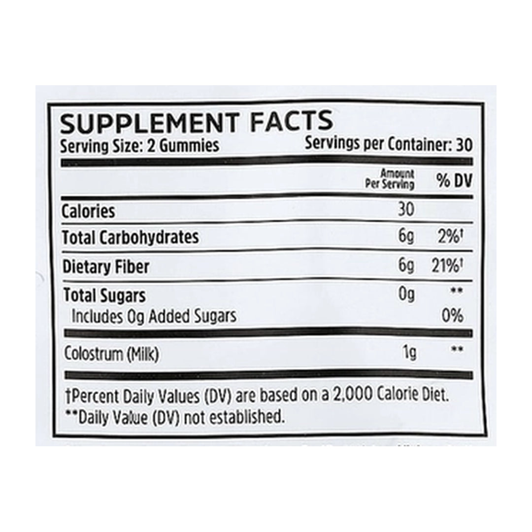 Zhou Nutrition, Colostrum Gummies, Natural Peach , 60 Gummies supplement facts label showing ingredients, vitamins, minerals, and serving information
