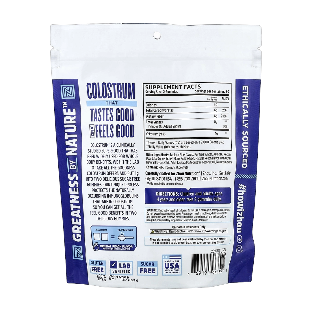 Zhou Nutrition, Colostrum Gummies, Natural Peach , 60 Gummies back packaging view