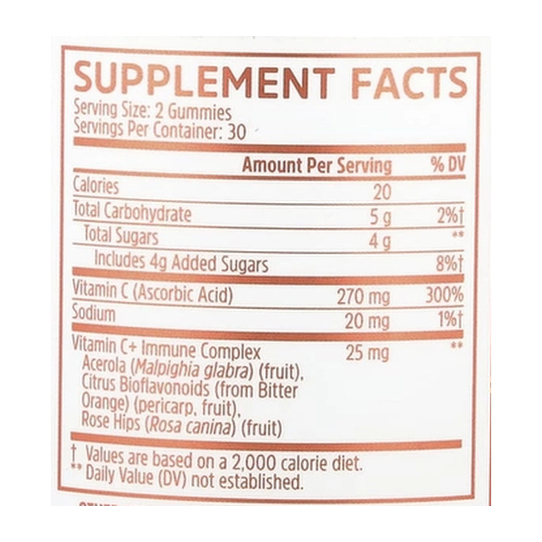 Zhou Nutrition, Vitamin C+, Orange Blast, 60 Vegan Gummies supplement facts label showing ingredients, vitamins, minerals, and serving information