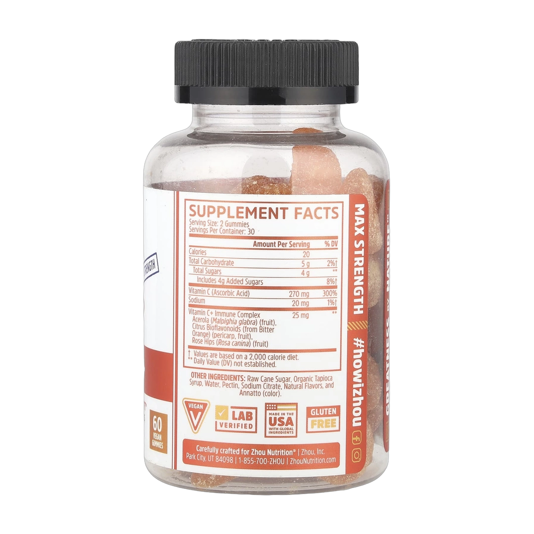 Zhou Nutrition, Vitamin C+, Orange Blast, 60 Vegan Gummies back packaging view
