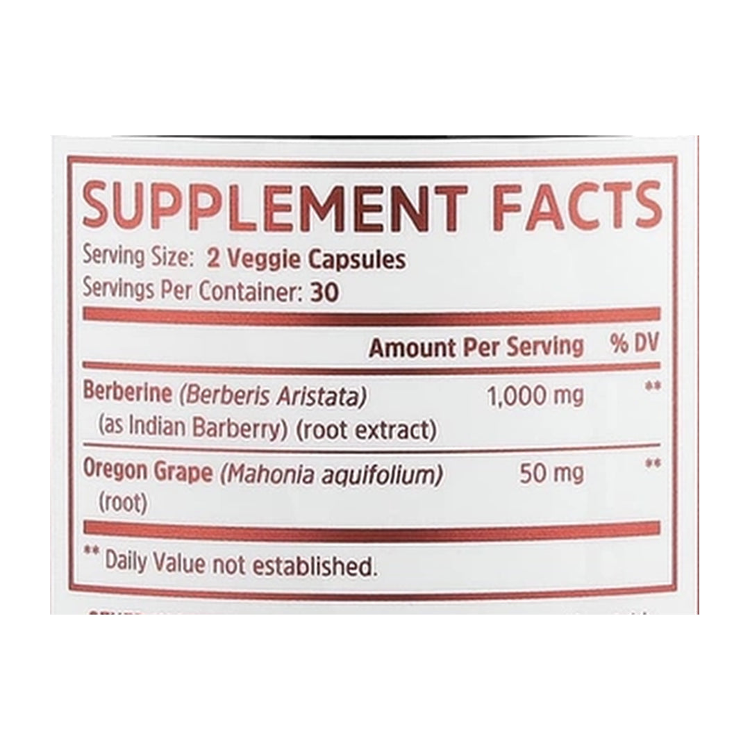 Zhou Nutrition, Berberine with Oregon Grape, 60 Veggie Capsules supplement facts label showing ingredients, vitamins, minerals, and serving information