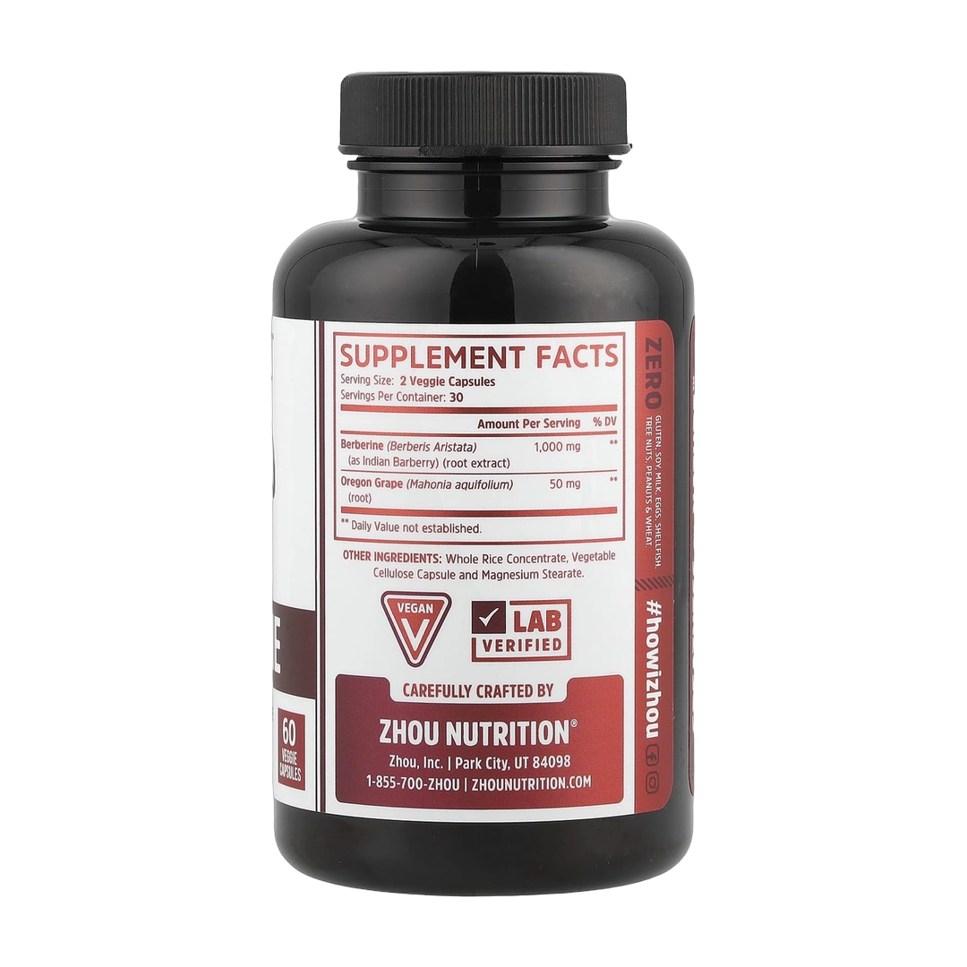 Zhou Nutrition, Berberine with Oregon Grape, 60 Veggie Capsules back packaging view