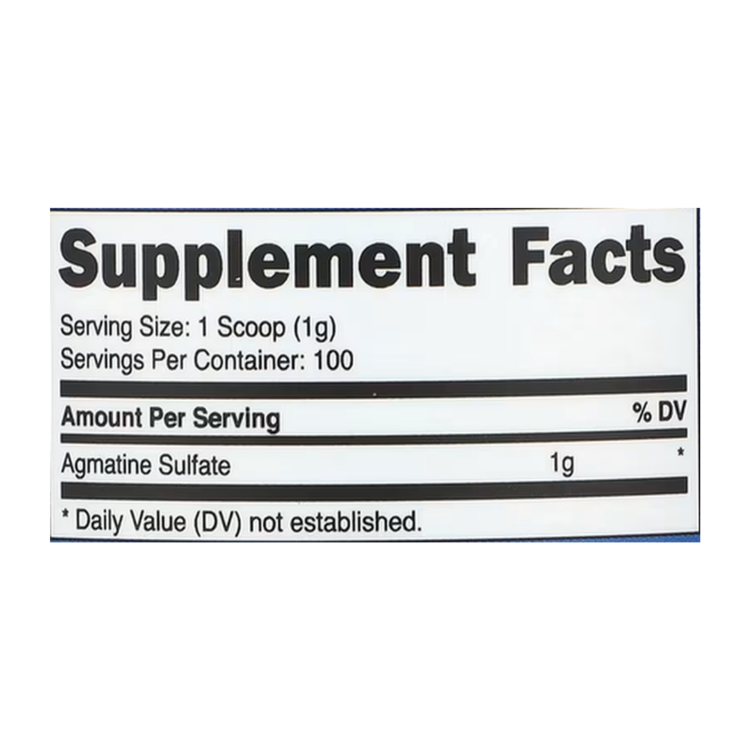 Nutricost, Agmatine, Unflavored, 3.5 oz, 100 g supplement facts label showing ingredients, vitamins, minerals, and serving information