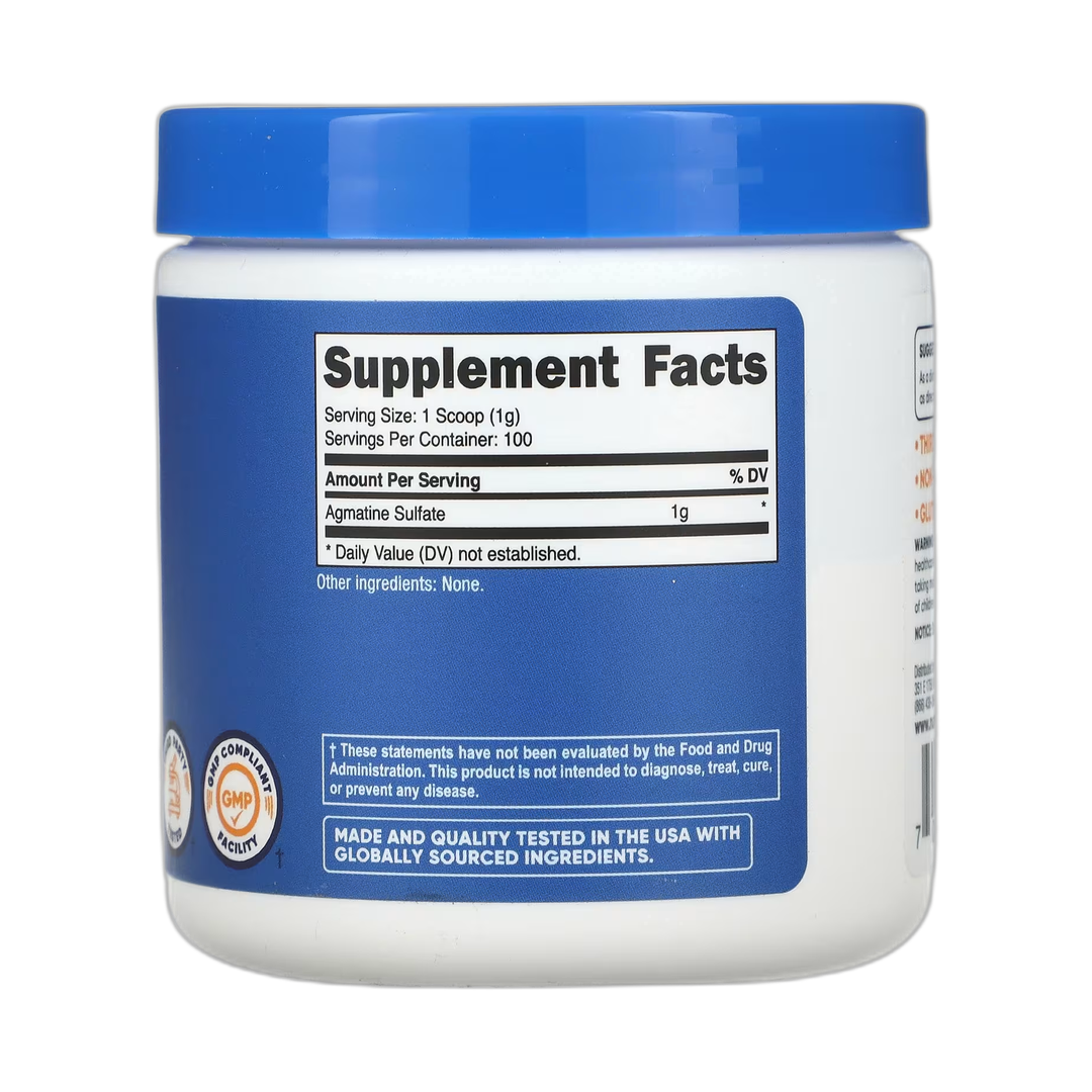 Nutricost, Agmatine, Unflavored, 3.5 oz, 100 g back packaging view