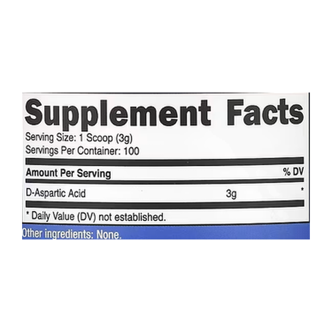 Nutricost, D-Aspartic Acid, Unflavored, 10.6 oz, 300 g supplement facts label showing ingredients, vitamins, minerals, and serving information