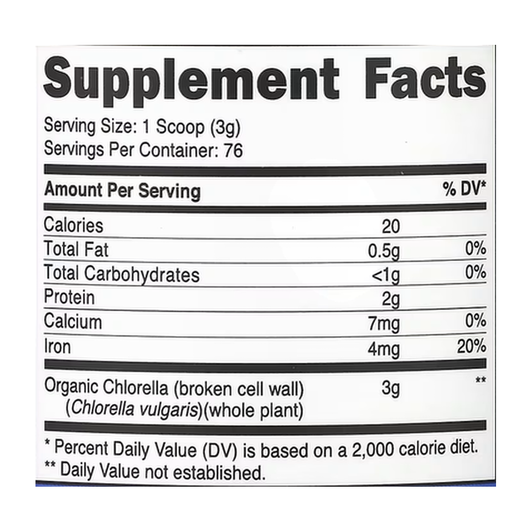 Nutricost, Organic Chlorella, Unflavored, 8 oz, 227 g supplement facts label showing ingredients, vitamins, minerals, and serving information