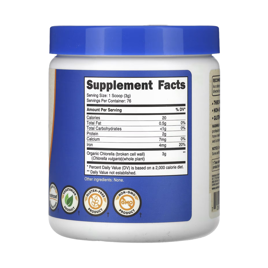 Nutricost, Organic Chlorella, Unflavored, 8 oz, 227 g back packaging view