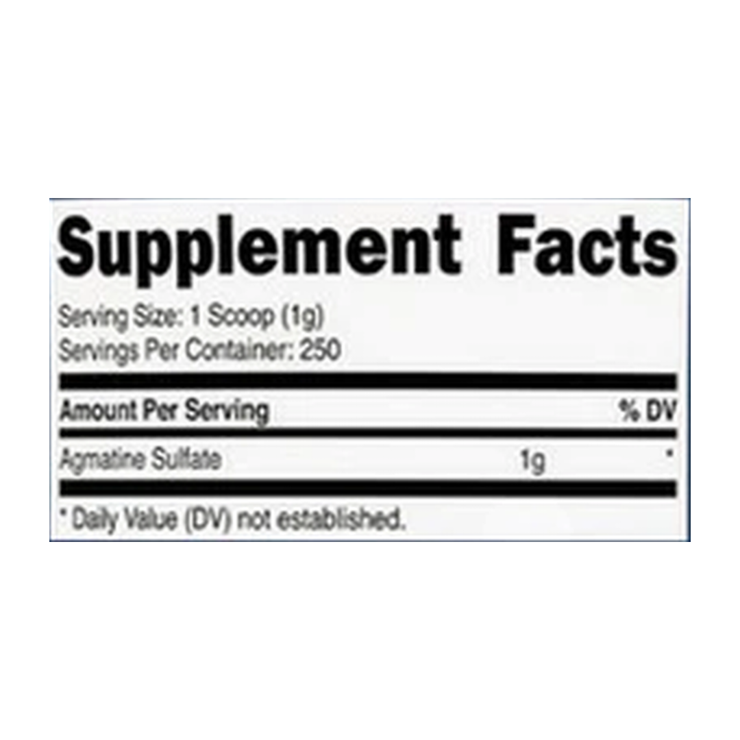 Nutricost, Agmatine Powder, 250 Grams supplement facts label showing ingredients, vitamins, minerals, and serving information