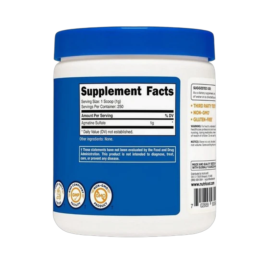 Nutricost, Agmatine Powder, 250 Grams back packaging view