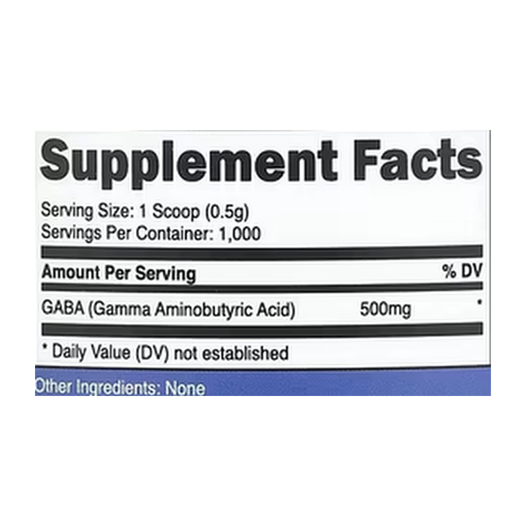 Nutricost, GABA, Unflavored, 17.6 oz, 500 g supplement facts label showing ingredients, vitamins, minerals, and serving information