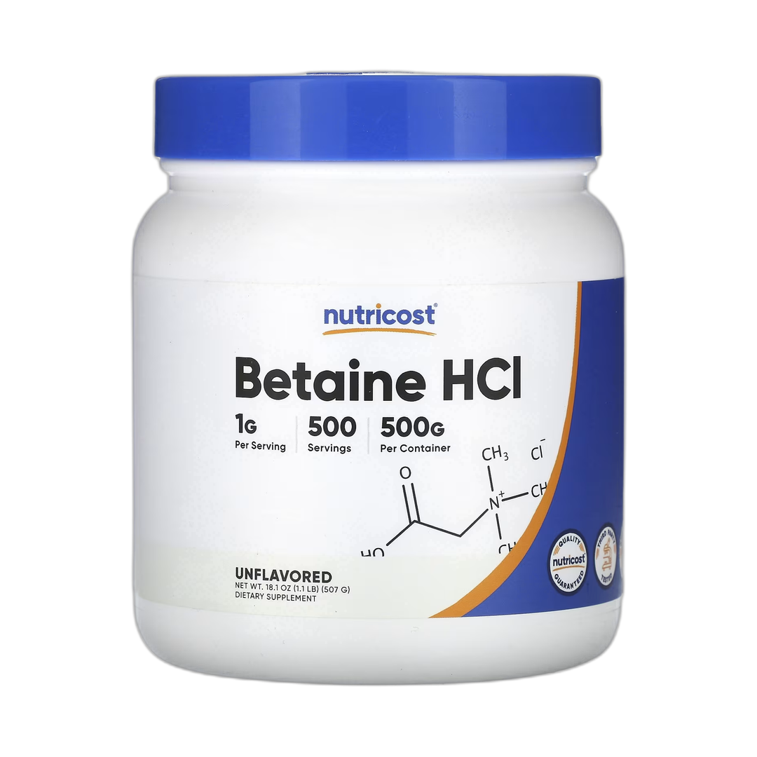 Nutricost, Betaine HCI, Unflavored, 18.1 oz, 507 g front packaging view