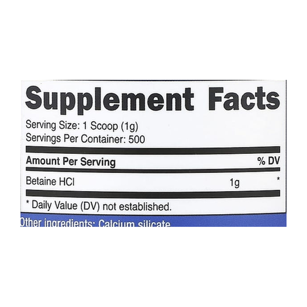 Nutricost, Betaine HCI, Unflavored, 18.1 oz, 507 g supplement facts label showing ingredients, vitamins, minerals, and serving information