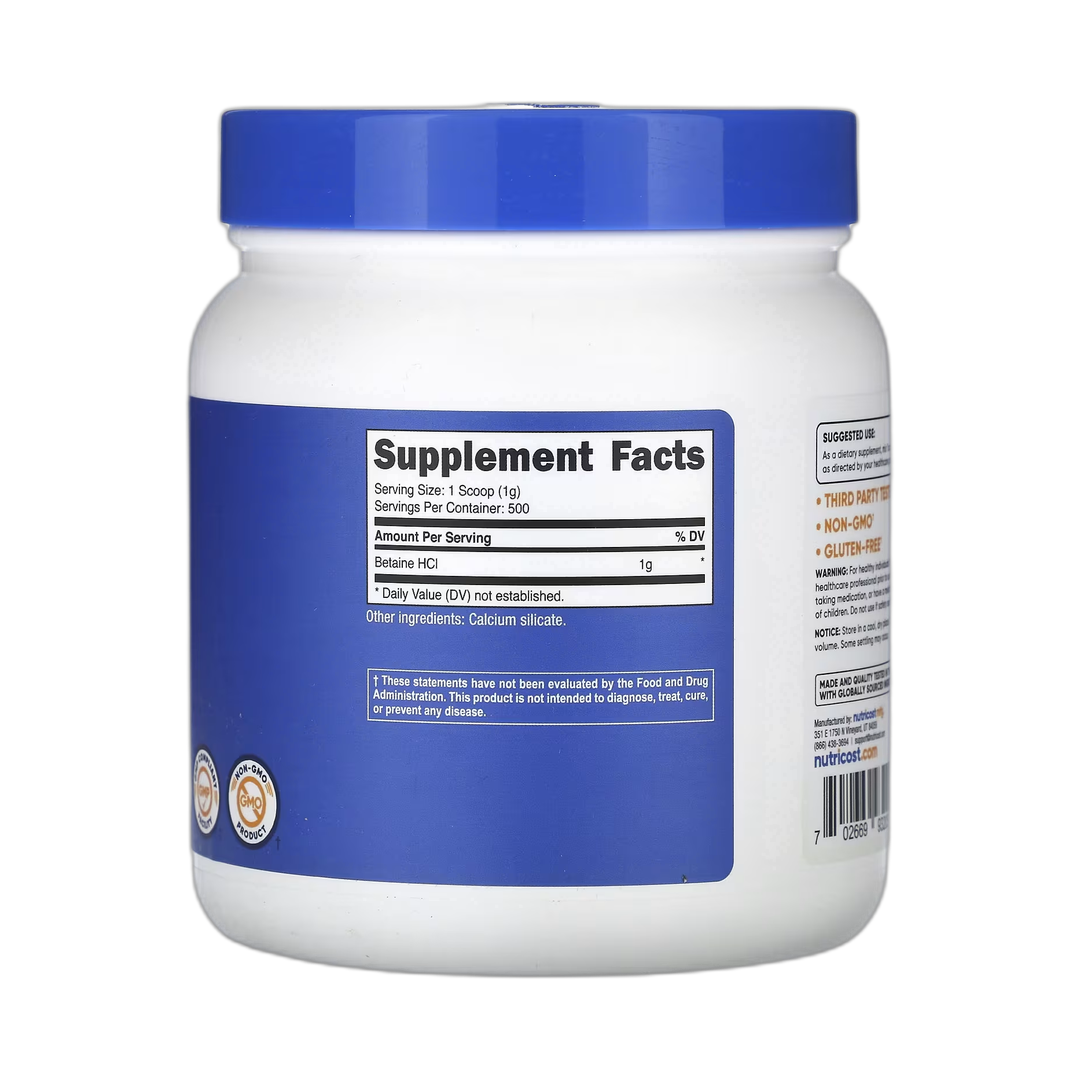 Nutricost, Betaine HCI, Unflavored, 18.1 oz, 507 g back packaging view