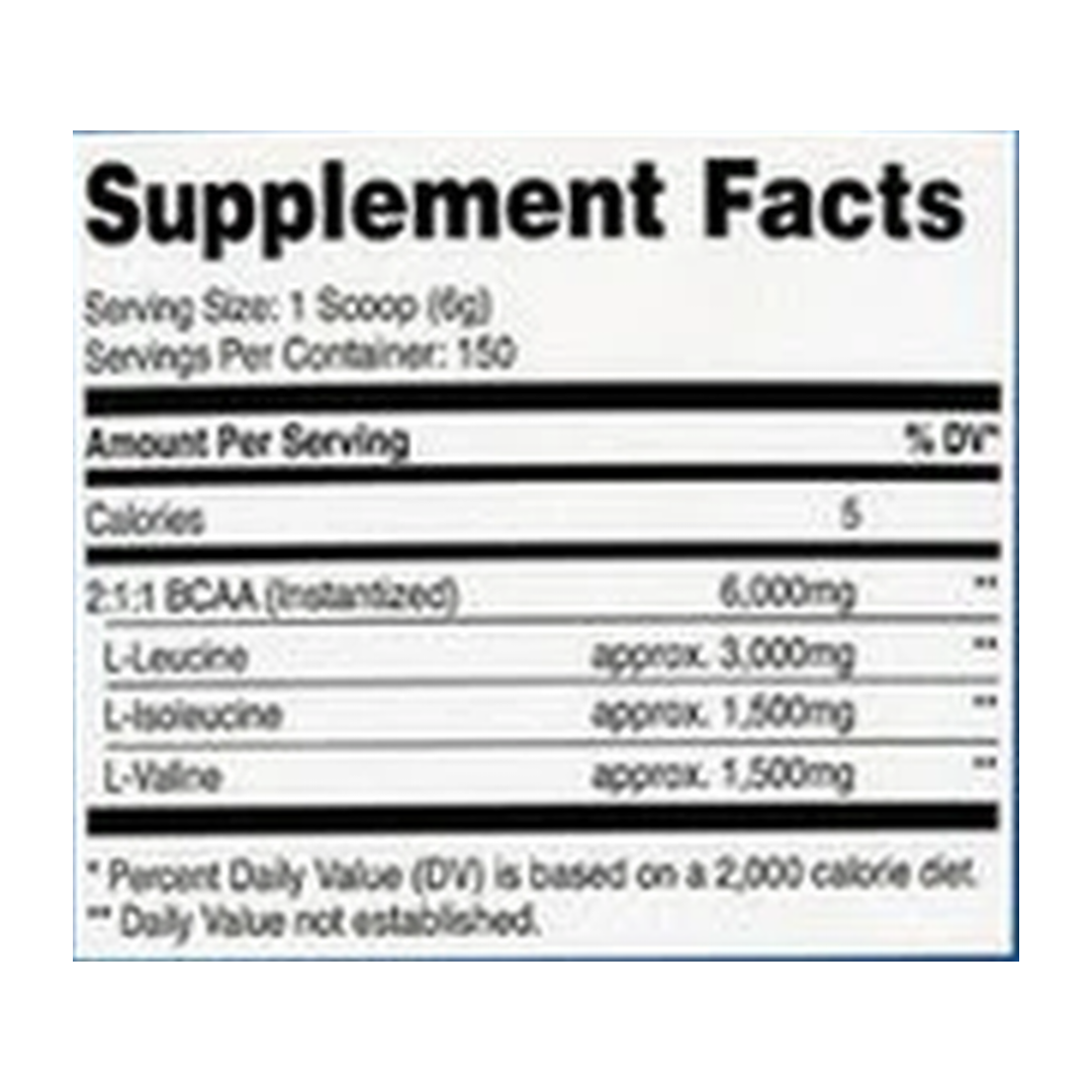 Nutricost, Performance, BCAA Powder, Unflavored, 2 lb, 900 g supplement facts label showing ingredients, vitamins, minerals, and serving information