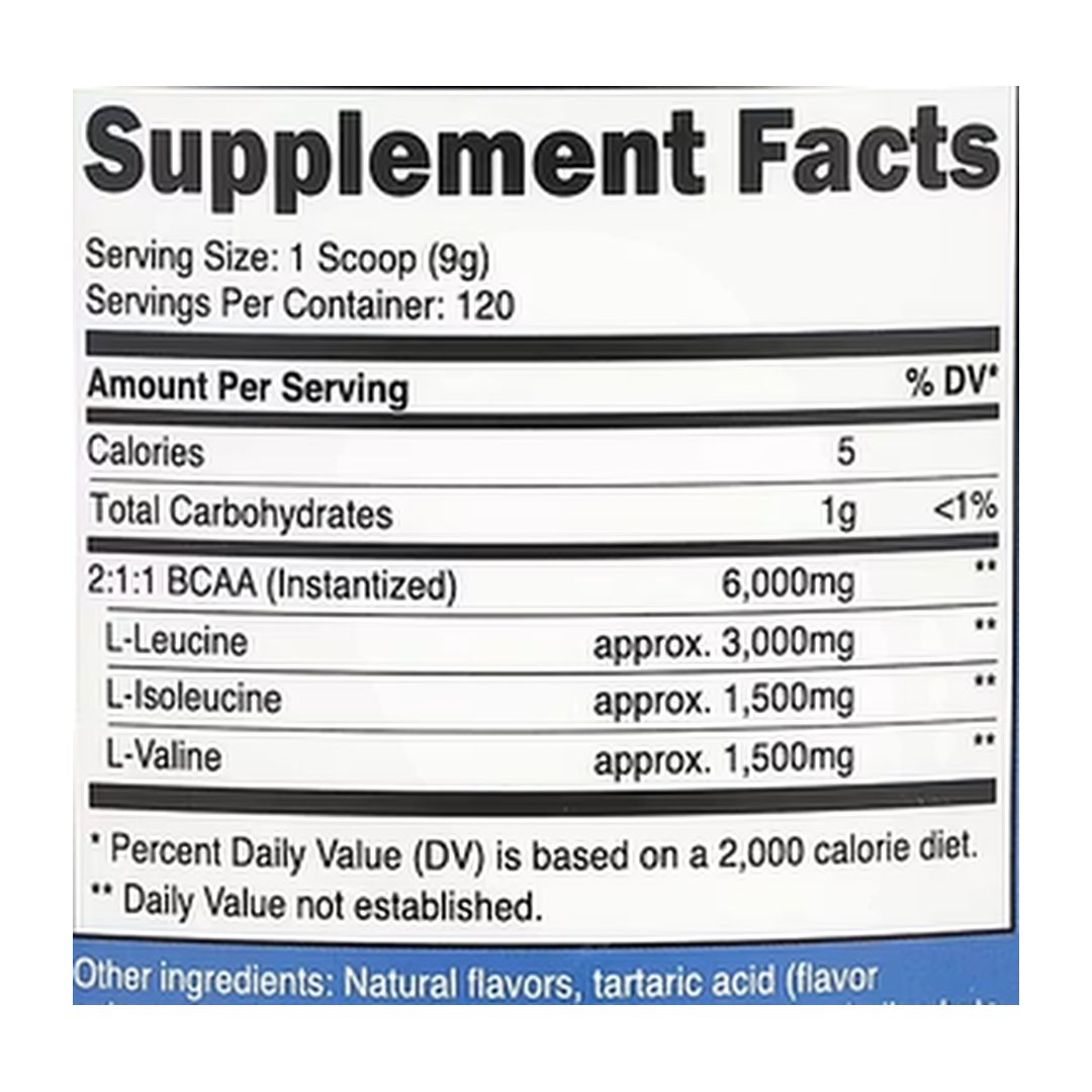 Nutricost, Performance, BCAA, Green Apple, 2.4 lb, 1,080 g supplement facts label showing ingredients, vitamins, minerals, and serving information