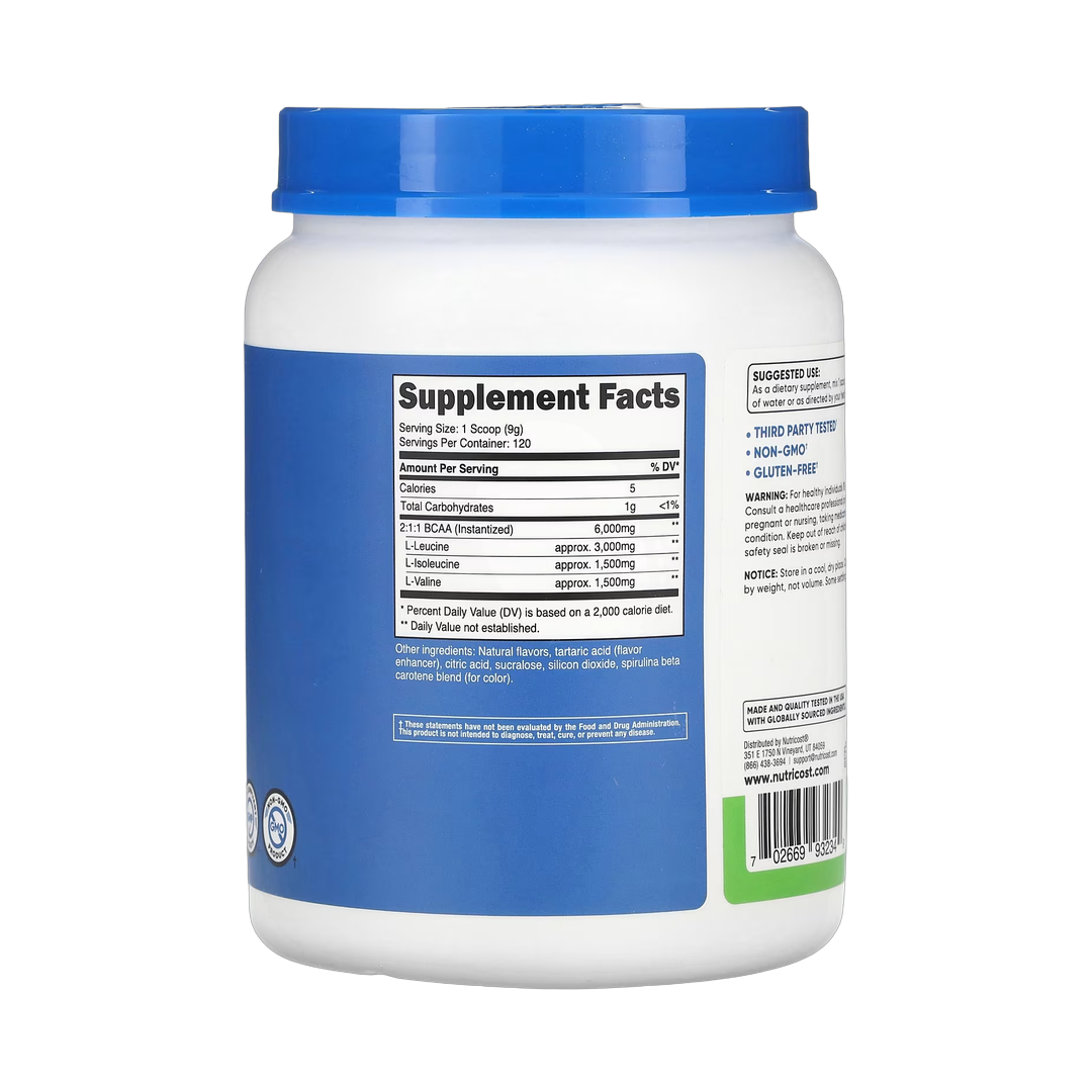 Nutricost, Performance, BCAA, Green Apple, 2.4 lb, 1,080 g back packaging view