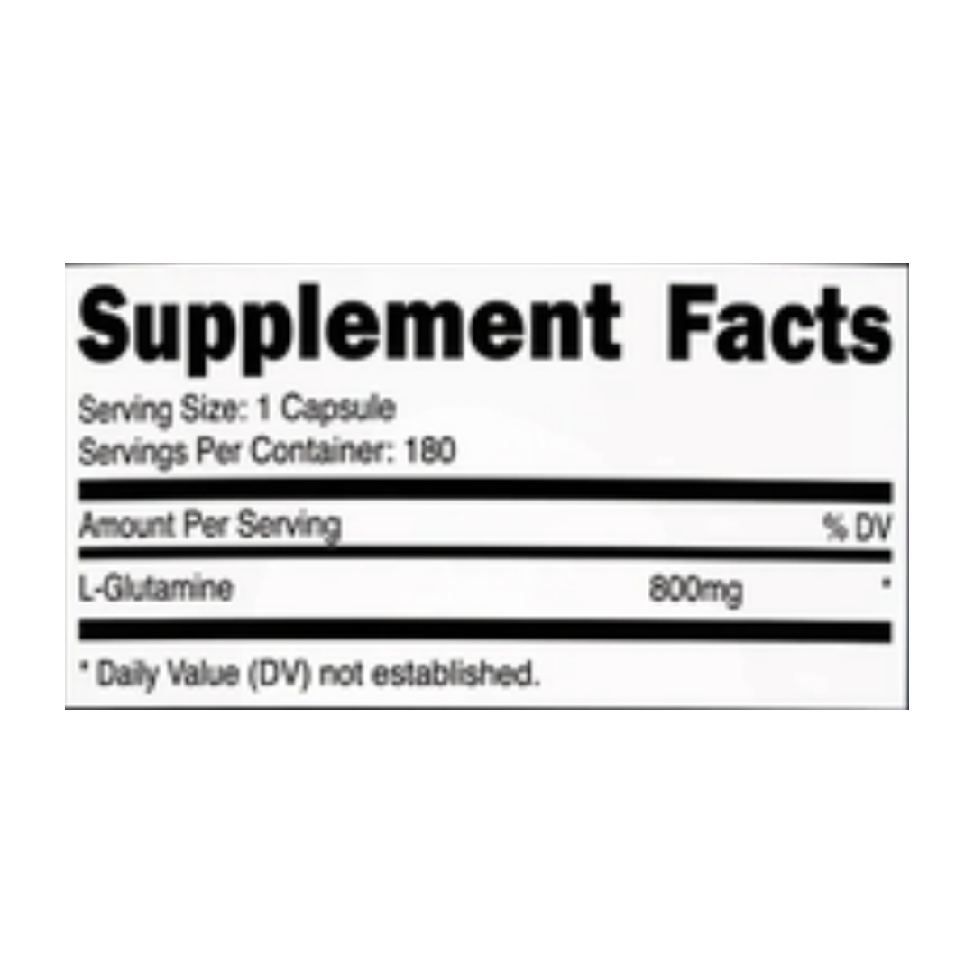 Nutricost L-Glutamine 800mg, 180 Capsules supplement facts label showing ingredients, vitamins, minerals, and serving information