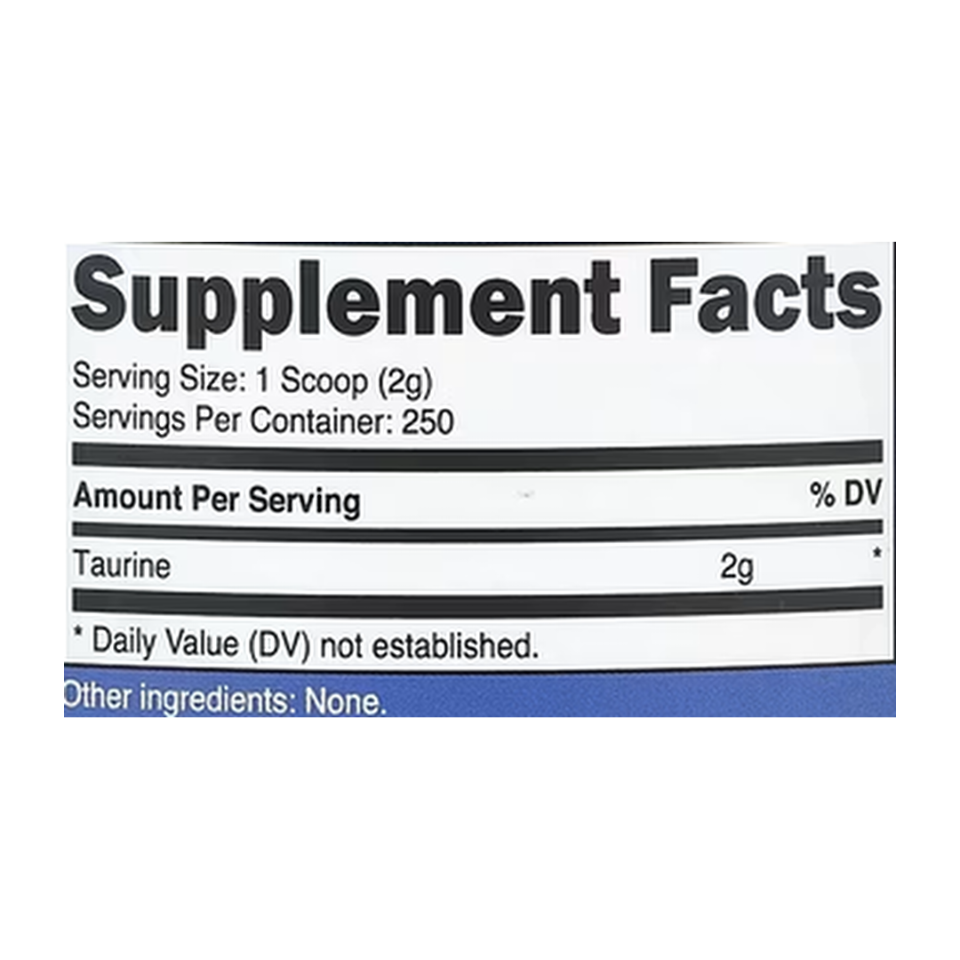 Nutricost, Taurine, Unflavored, 17.9 oz, 500 g supplement facts label showing ingredients, vitamins, minerals, and serving information