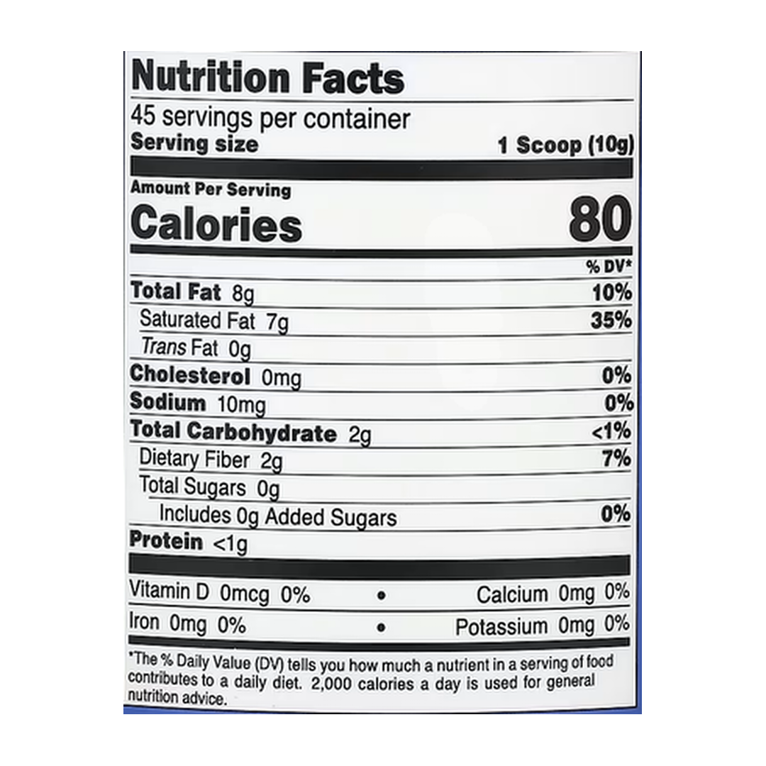 Nutricost, Coconut Oil Powder, Unflavored, 16 oz, 454 g supplement facts label showing ingredients, vitamins, minerals, and serving information
