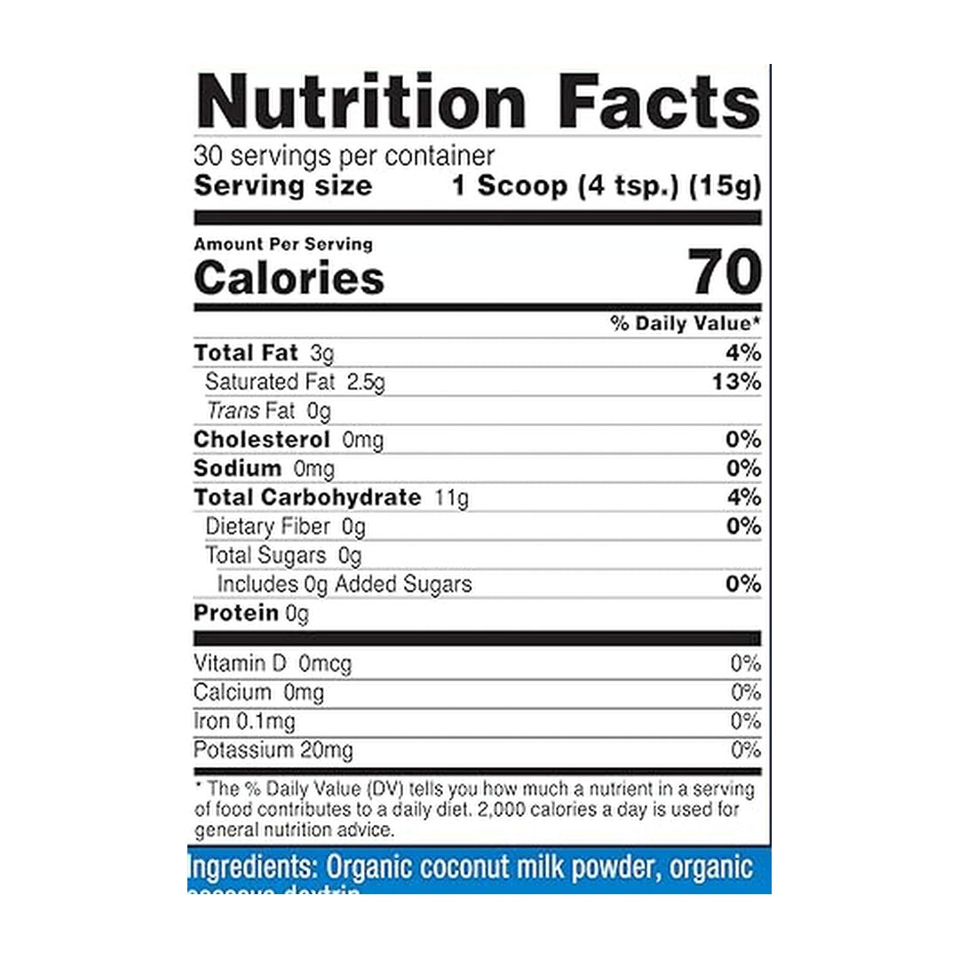 Nutricost, Organic Coconut Milk Powder, Unflavored, 1 lbs, 454 g supplement facts label showing ingredients, vitamins, minerals, and serving information