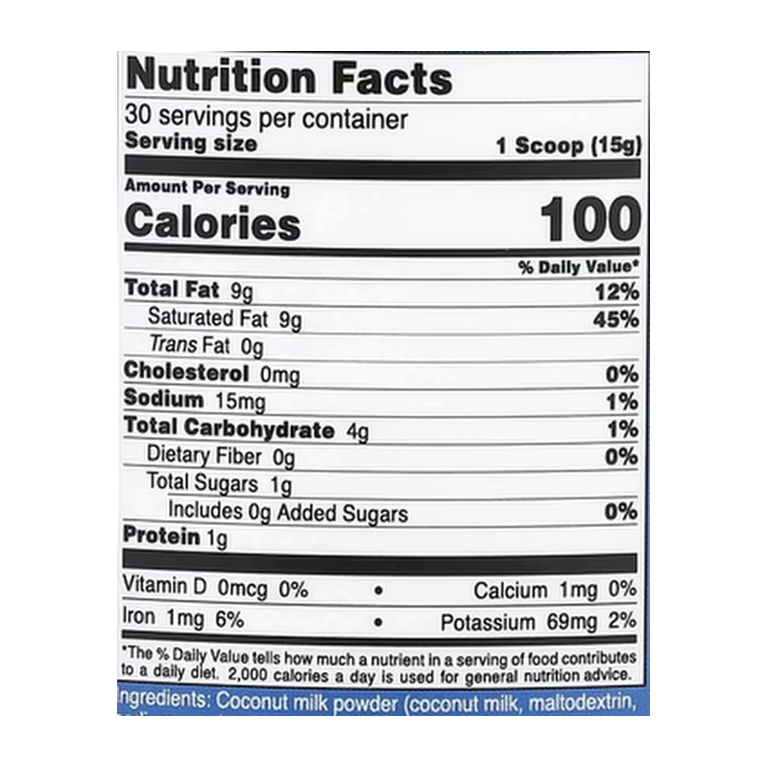 Nutricost, Coconut Milk Powder, Unflavored, 16 oz, 454 g supplement facts label showing ingredients, vitamins, minerals, and serving information