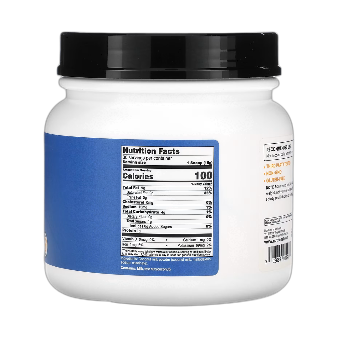 Nutricost, Coconut Milk Powder, Unflavored, 16 oz, 454 g back packaging view